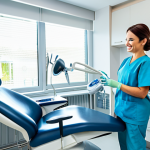 **

A professional female dentist in a modern, brightly lit dental clinic, fully clothed in appropriate medical attire. She is examining a patient (fully clothed) in a dental chair. Focus on cleanliness and sterile environment. The background includes dental equipment and tools. Safe for work, appropriate content, professional, modest, perfect anatomy, correct proportions, well-formed hands, proper finger count, natural pose.

**