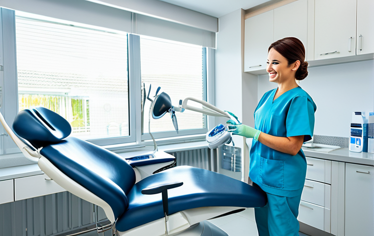 **
A professional female dentist in a modern, brightly lit dental clinic, fully clothed in appropriate medical attire. She is examining a patient (fully clothed) in a dental chair. Focus on cleanliness and sterile environment. The background includes dental equipment and tools. Safe for work, appropriate content, professional, modest, perfect anatomy, correct proportions, well-formed hands, proper finger count, natural pose.
**