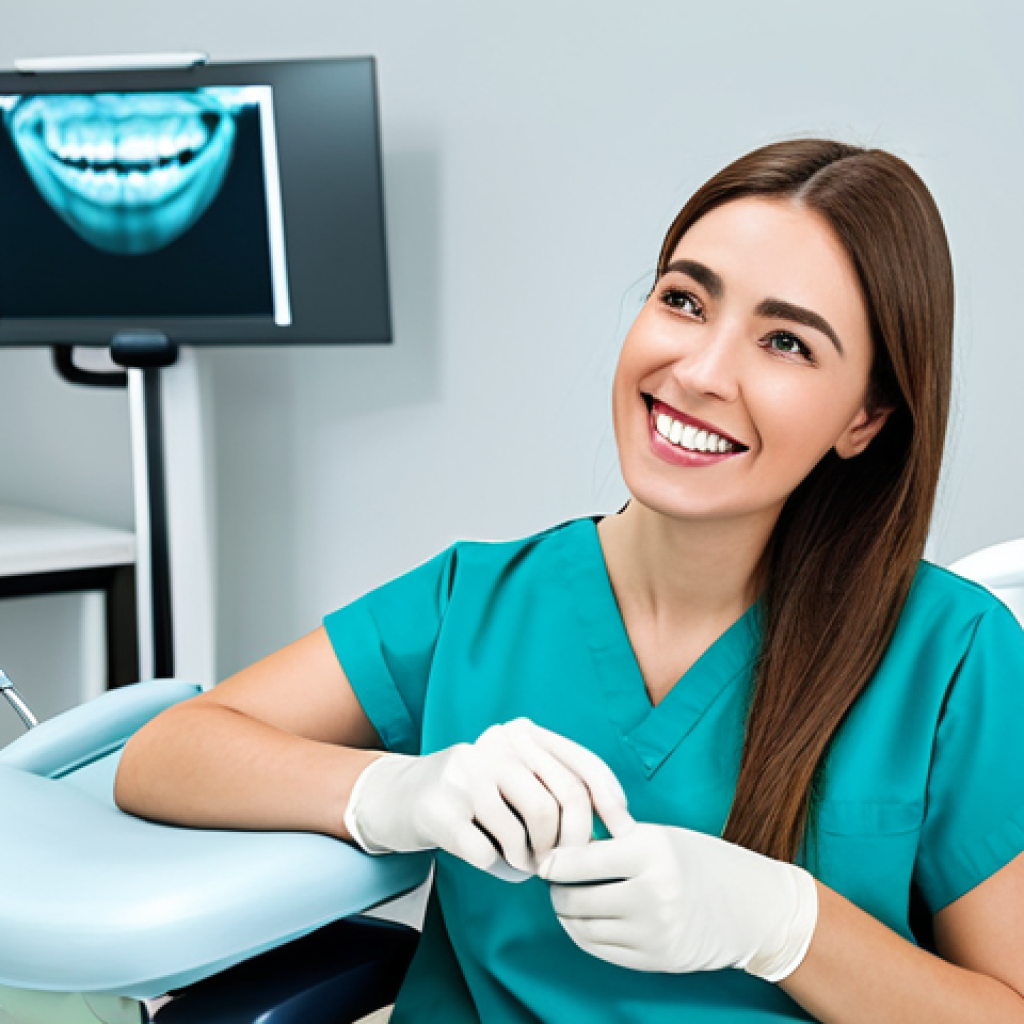 **

"A professional female dentist in a modern, bright dental clinic, wearing modest scrubs, examining a patient. The patient is seated comfortably in the dental chair. Focus on the dentist's caring expression. Safe for work, appropriate content, fully clothed, professional, perfect anatomy, correct proportions, well-lit scene, natural pose, high quality."

**