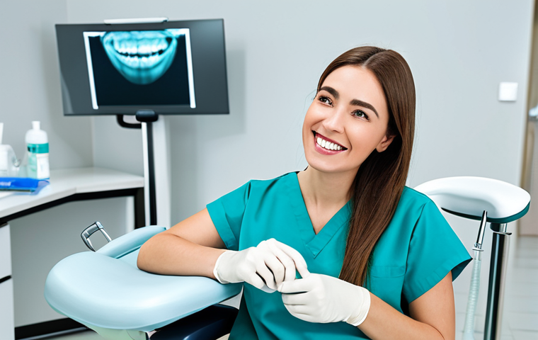**

"A professional female dentist in a modern, bright dental clinic, wearing modest scrubs, examining a patient. The patient is seated comfortably in the dental chair. Focus on the dentist's caring expression. Safe for work, appropriate content, fully clothed, professional, perfect anatomy, correct proportions, well-lit scene, natural pose, high quality."

**