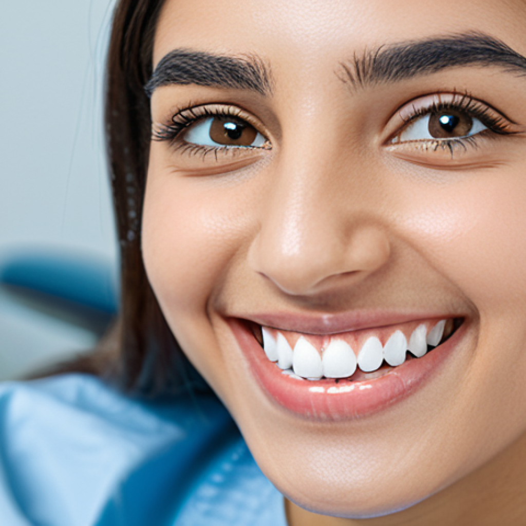 치과위생사 교정 장치 관리 방법 - **Prompt:** A young Arab woman, fully clothed in a professional dentist's office, smiling confidentl...