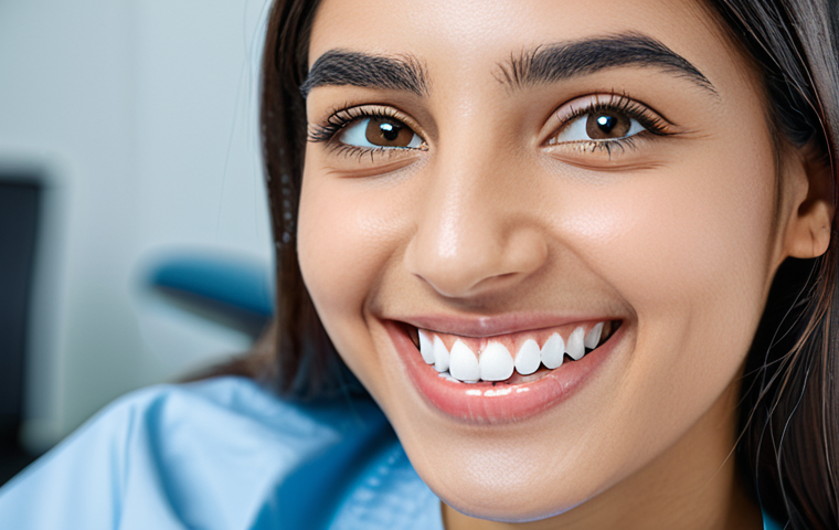 치과위생사 교정 장치 관리 방법 - **Prompt:** A young Arab woman, fully clothed in a professional dentist's office, smiling confidentl...