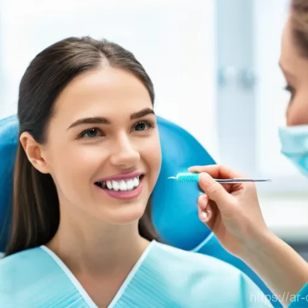 치과위생사 교정 관리 사례 - **Prompt:** A warm and caring female dental hygienist, in her late 20s to early 30s, wearing a clean...