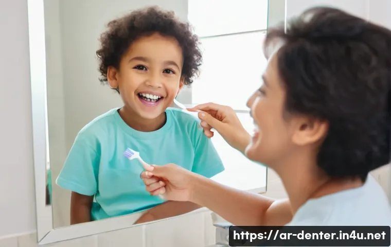 치과위생사 전문 용어 정리 - **Prompt: "A heartwarming, brightly lit scene in a modern, clean bathroom. A loving mother, with lon...