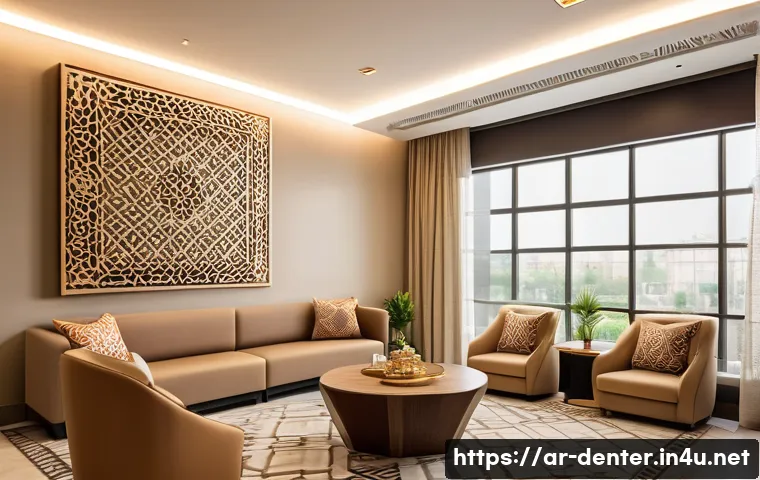 치과위생사 환자 관리 사례 - A modern dental clinic waiting area designed for Arabic-speaking patients, featuring comfortable sea...