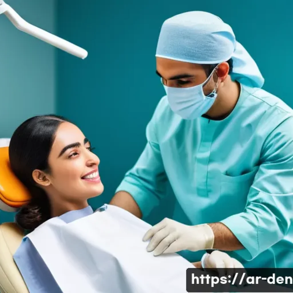치과위생사 환자 케어 우수 사례 - A warm and professional dental clinic scene featuring an Arabic male dentist attentively listening t...