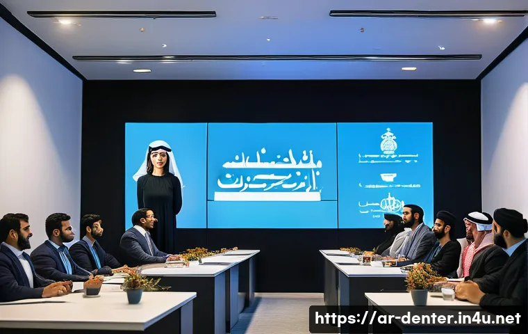 치과위생사 세미나 발표 준비법 - A professional seminar scene in a modern conference room filled with a diverse Arab audience, includ...