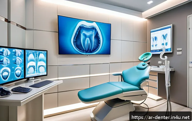 치과위생사 업무 효율화 기술 - A modern dental clinic scene showcasing a dentist using a high-tech 3D dental scanner to capture det...