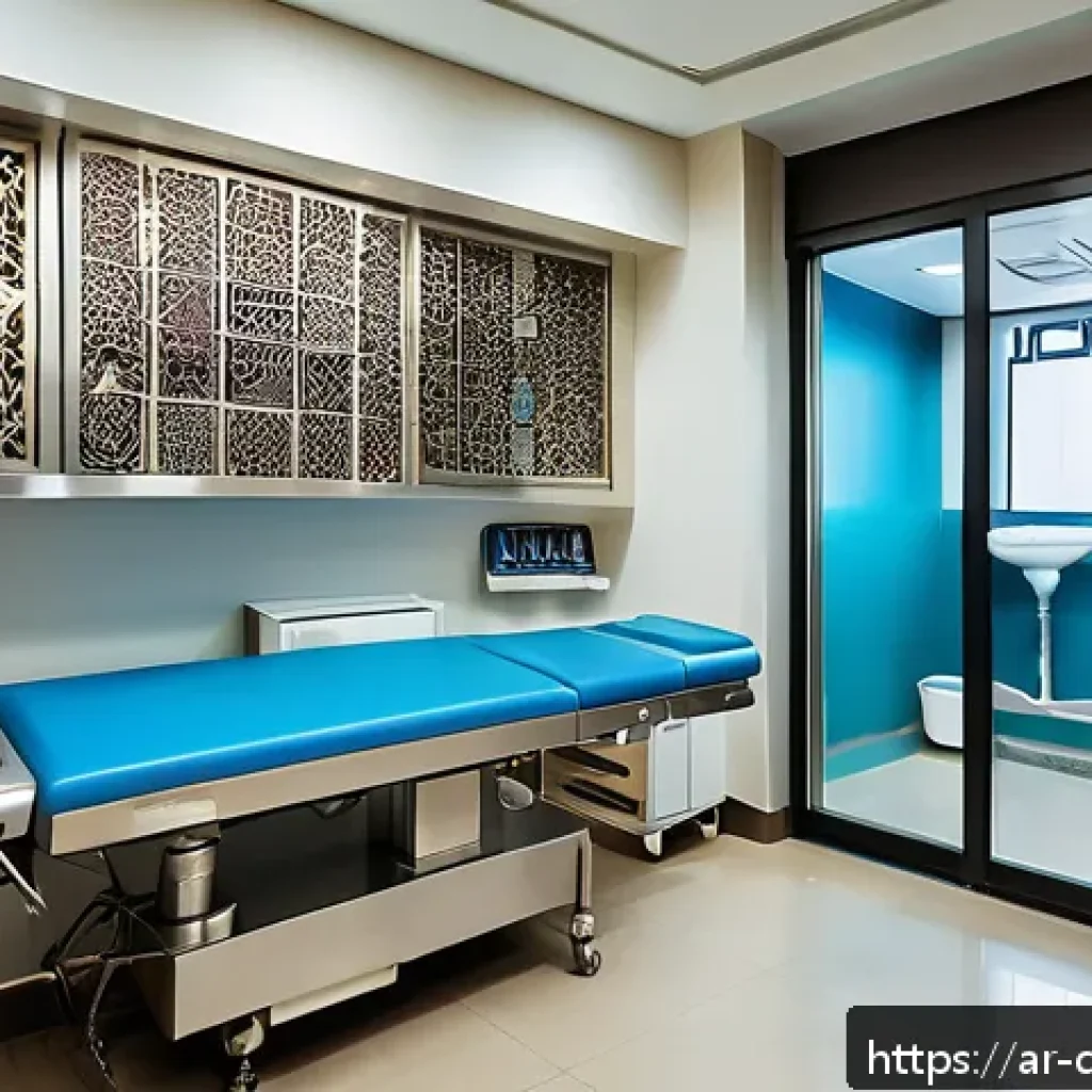 치과위생사 정기 교육 프로그램 - A modern dental clinic interior in an Arabic cultural setting, showcasing advanced sterilization tec...