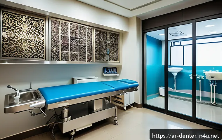 치과위생사 정기 교육 프로그램 - A modern dental clinic interior in an Arabic cultural setting, showcasing advanced sterilization tec...