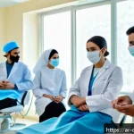 치과위생사 자격증 취득까지 걸린 시간 - A detailed scene inside a modern dental health training clinic in an Arabic country, showing diverse...