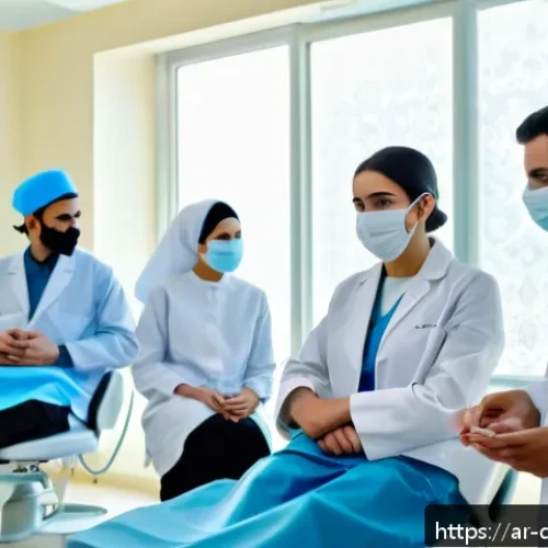 치과위생사 자격증 취득까지 걸린 시간 - A detailed scene inside a modern dental health training clinic in an Arabic country, showing diverse...