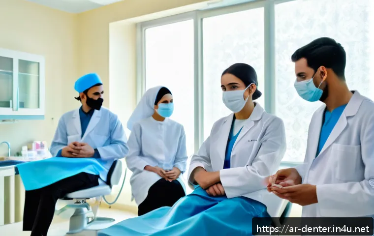 치과위생사 자격증 취득까지 걸린 시간 - A detailed scene inside a modern dental health training clinic in an Arabic country, showing diverse...