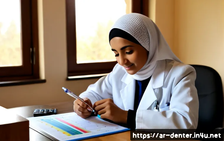 치과위생사 시험 점수 분석 - Photorealistic Arab dental hygienist student in a modest hijab and professional white coat seated at...