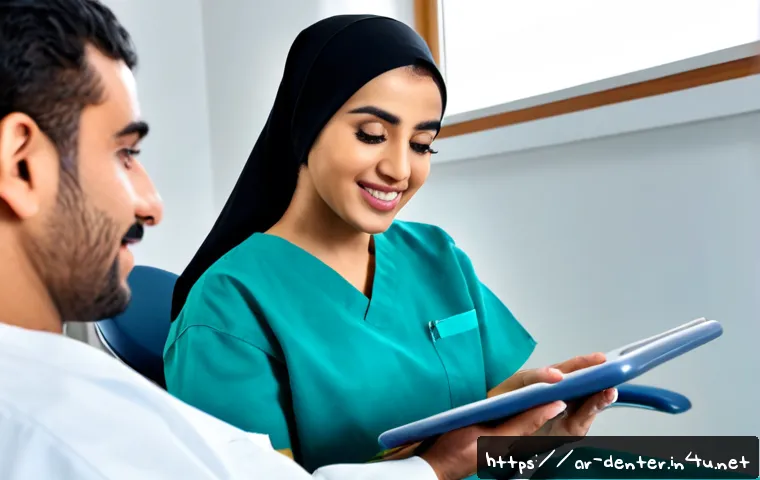 Home 17 치과위생사 환자 관리 개선법 - Photorealistic modern dental clinic in an Arab city, a professional female dental hygienist wearing ...